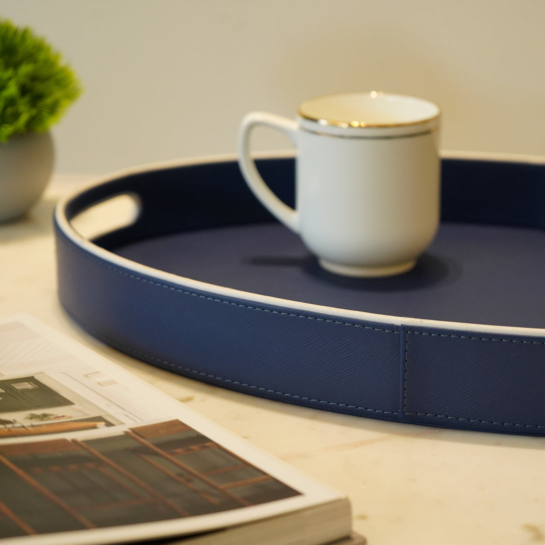 Blue and White Faux Leather Oval Serving Tray