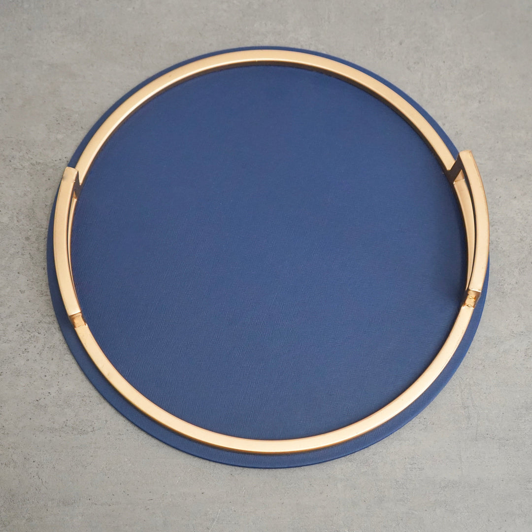 Blue Serving Tray with Golden Handles, Round