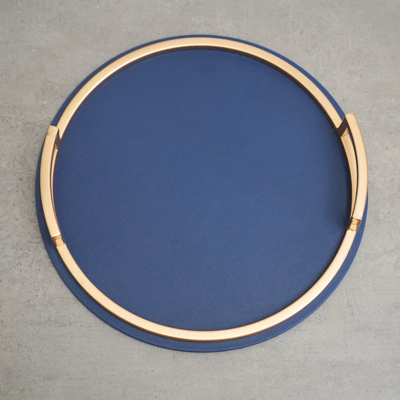 Blue Serving Tray with Golden Handles, Round