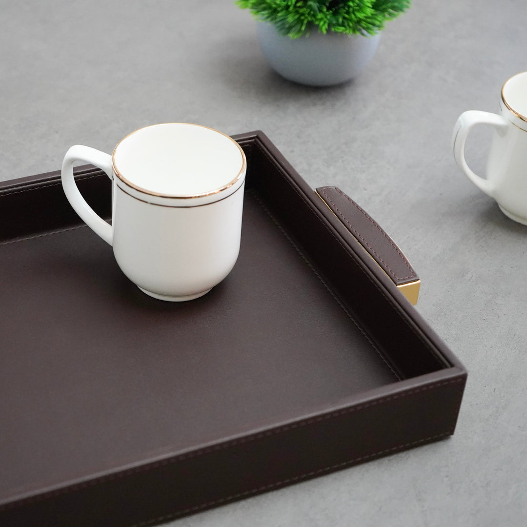 Brown Faux Leather Serving Tray with Gold Handles