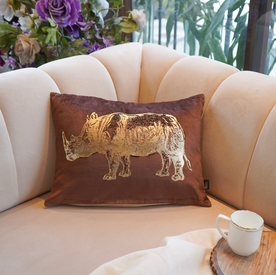 Brown Sumatran Rhino Foil Velvet Fabric Cushion Cover 14x20 inch