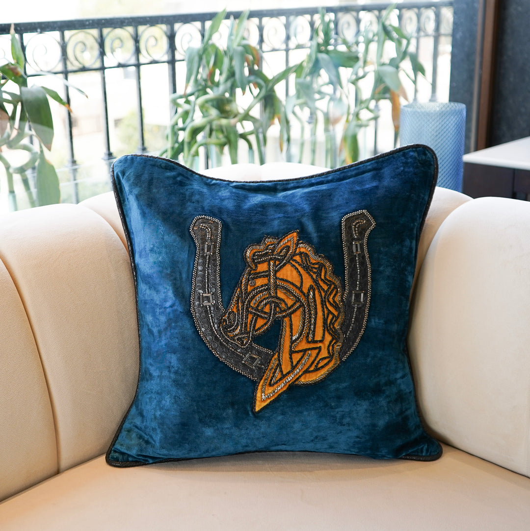 Blue Embroidered Bucephala Velvet Cushion Cover 20x20 inch