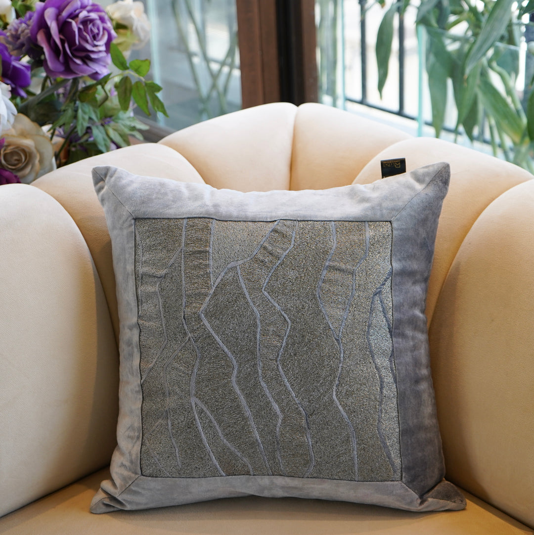 Grey/ Silver Framed Abstraction Velvet Cushion Cover 18 x 18 inches