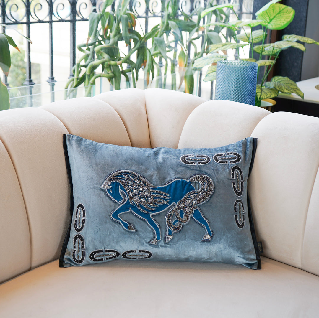 Horse Velvet Blue Cushion Cover 14x20 inch