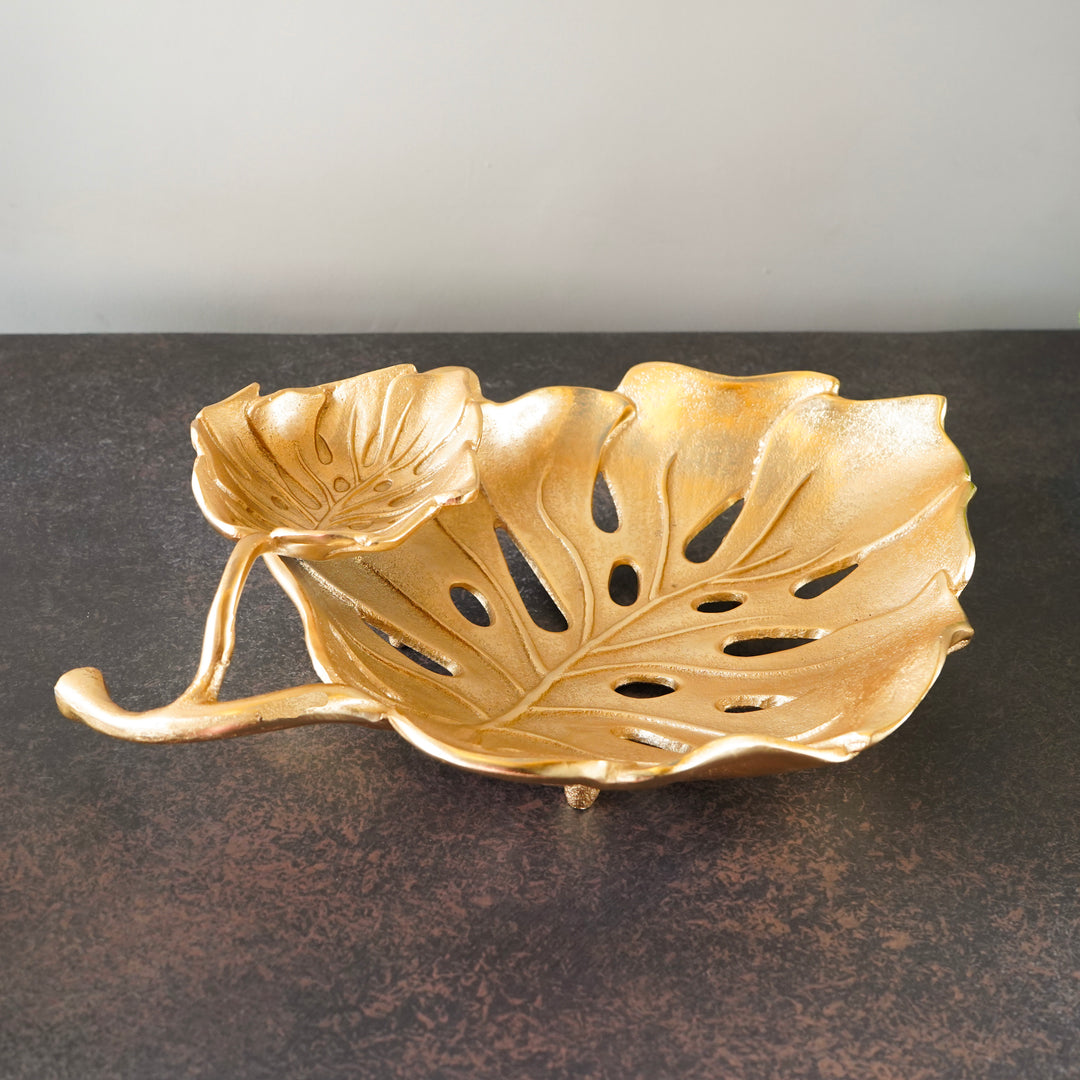 Golden Two-Tier Dual Leaf Decor Platter