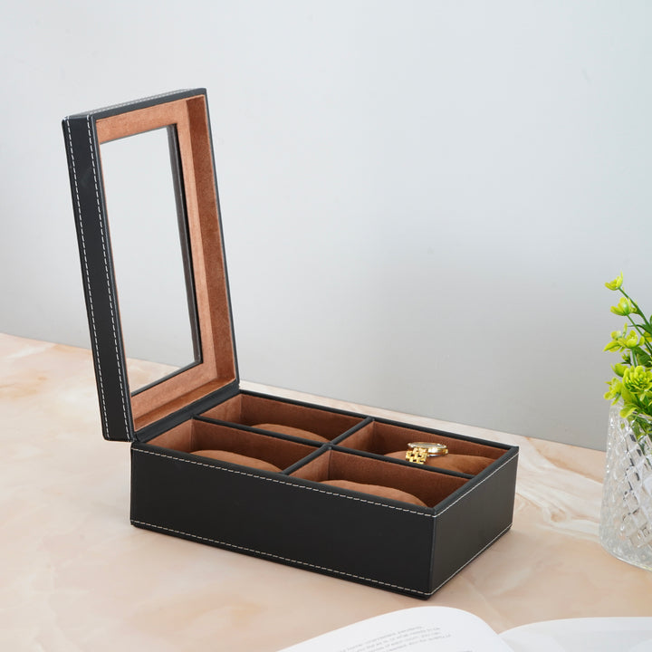 Black & Tan Contrast 4 Compartment Watch Box With Glass Top