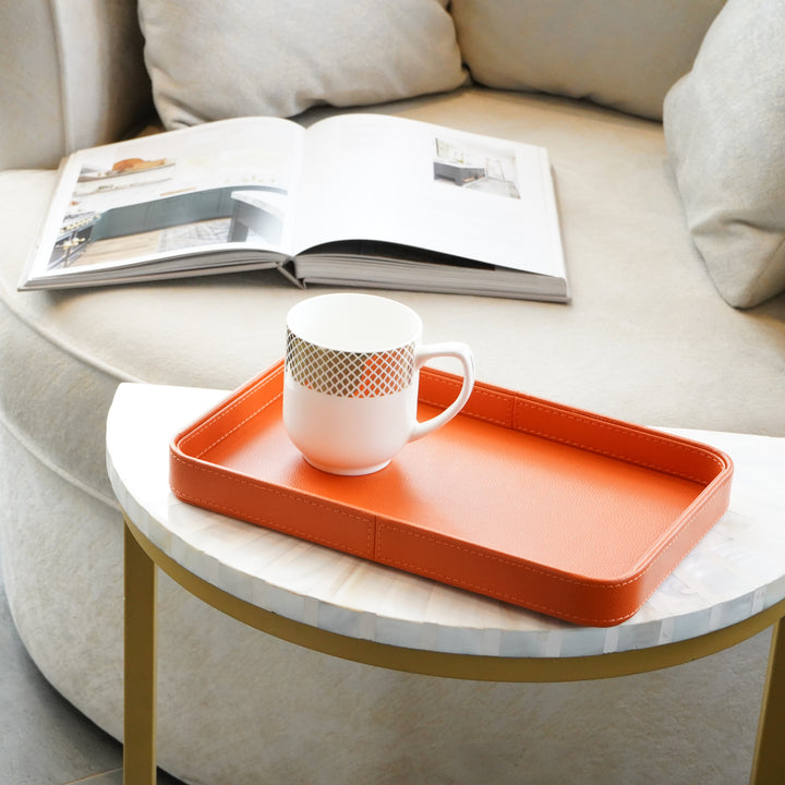 Faux Leather Oblong Serving Tray, Orange