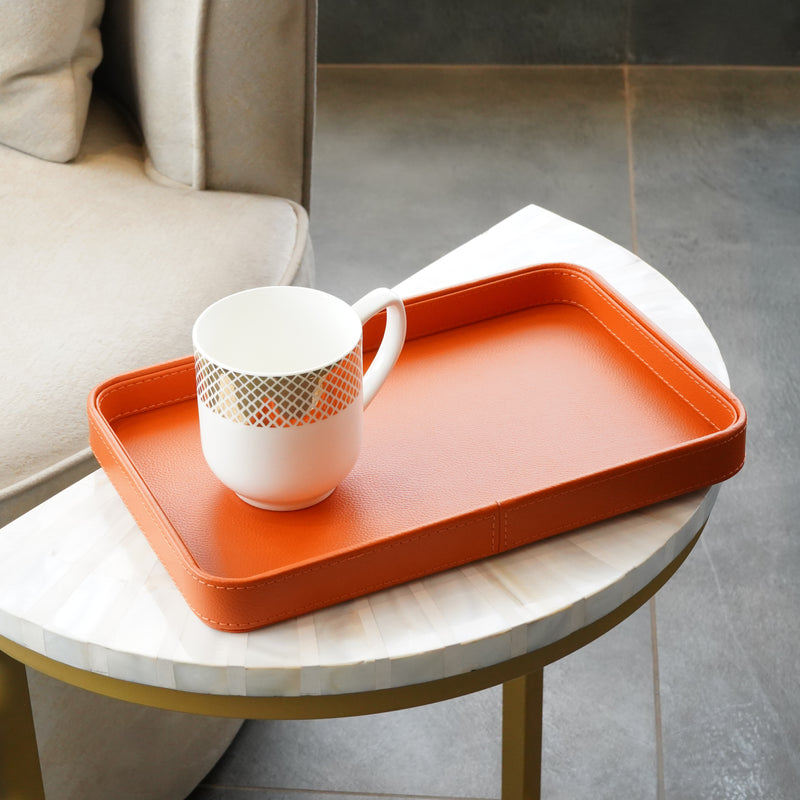 Faux Leather Oblong Serving Tray, Orange