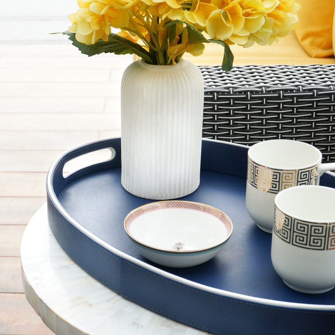 Blue and White Faux Leather Oval Serving Tray