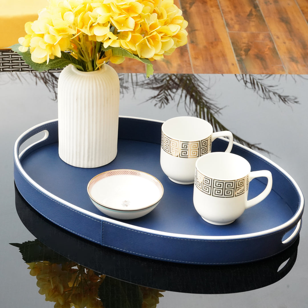 Blue and White Faux Leather Oval Serving Tray