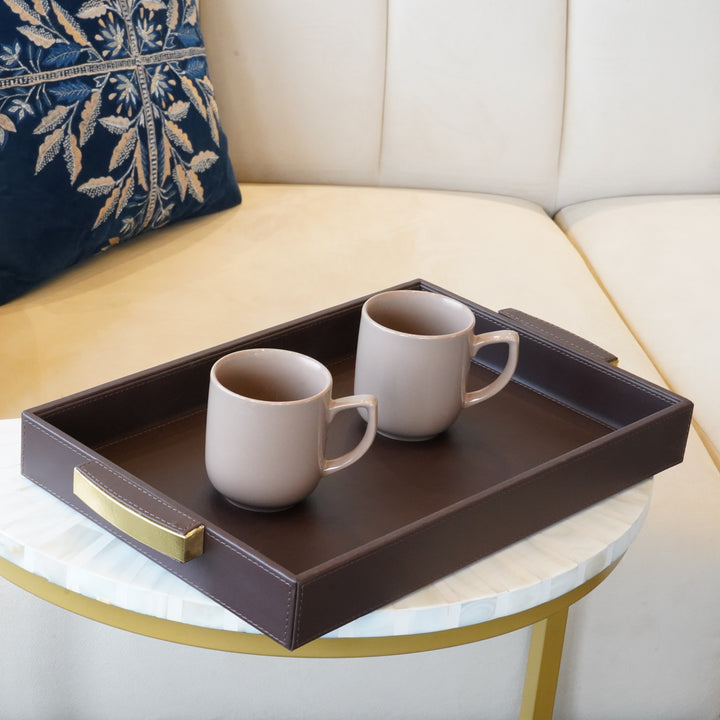 Brown Faux Leather Serving Tray with Gold Handles