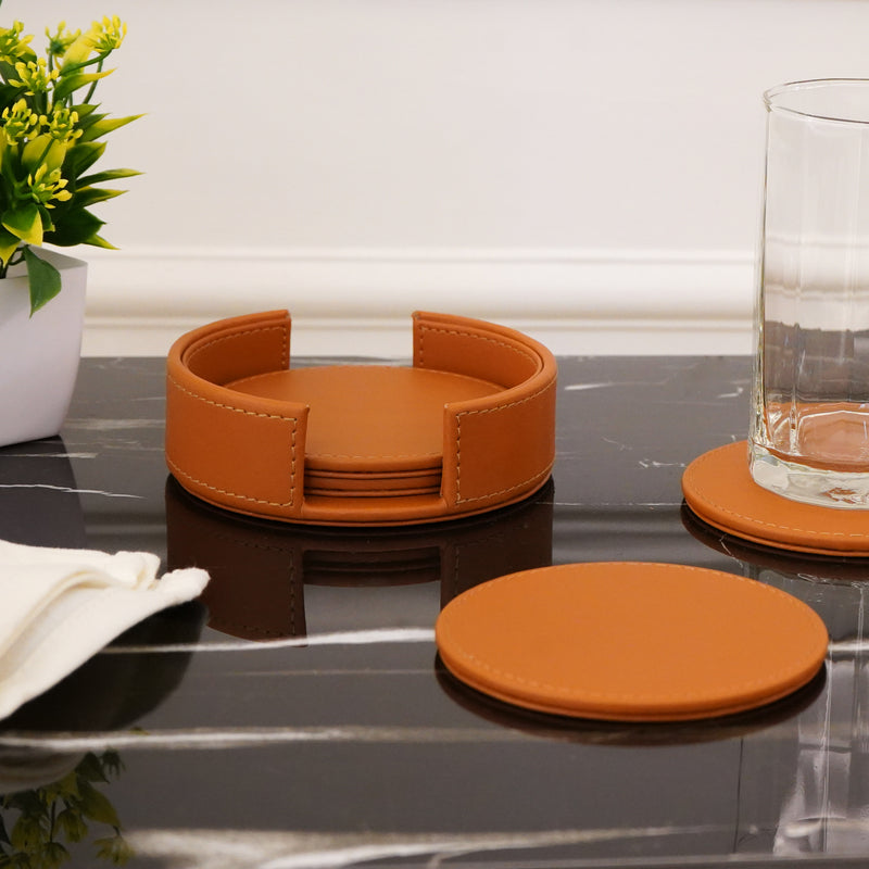 Set of 4 Faux Leather Coasters with Stand, Tan