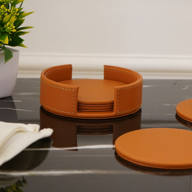 Set of 4 Faux Leather Coasters with Stand, Tan