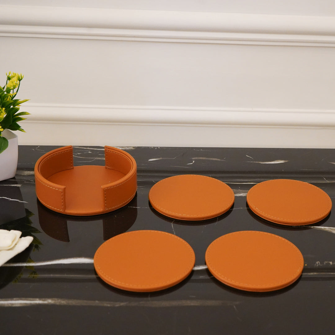 Set of 4 Faux Leather Coasters with Stand, Tan