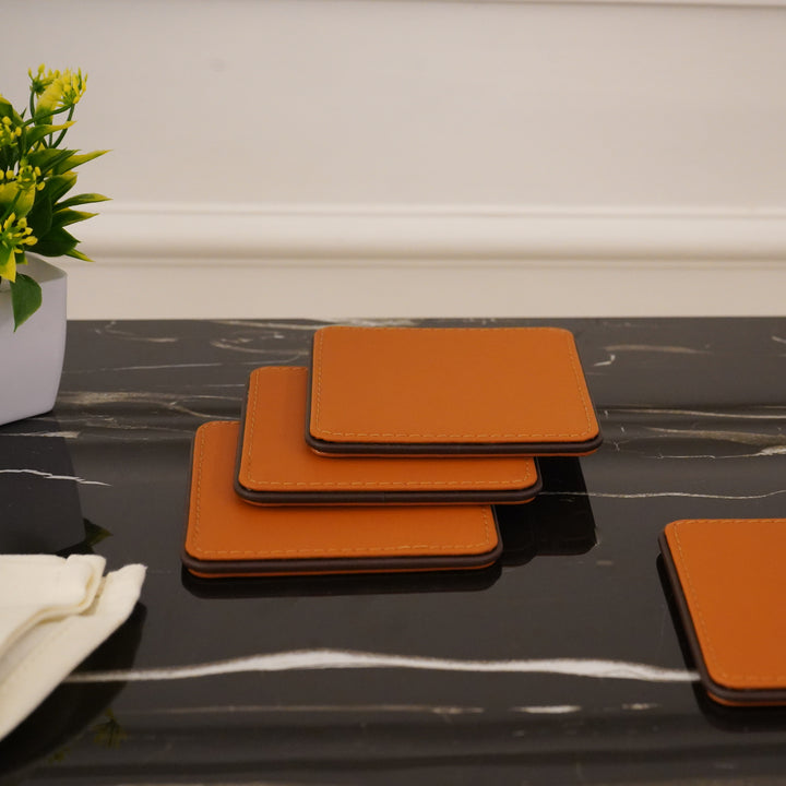 Set of 4 Faux Leather Coasters, Tan