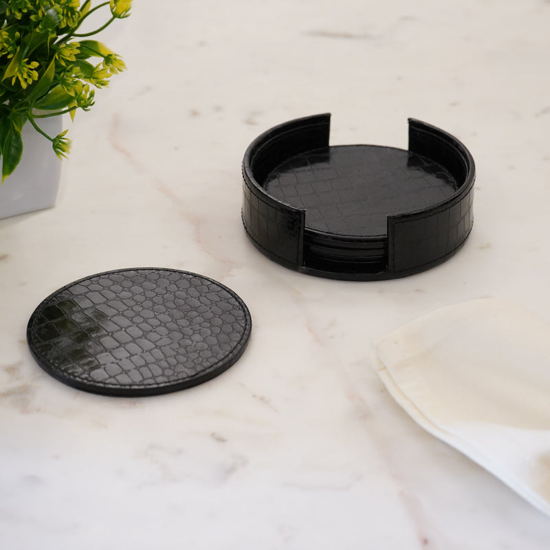 Set of 4 Faux Leather Coasters with Stand, Croco Black