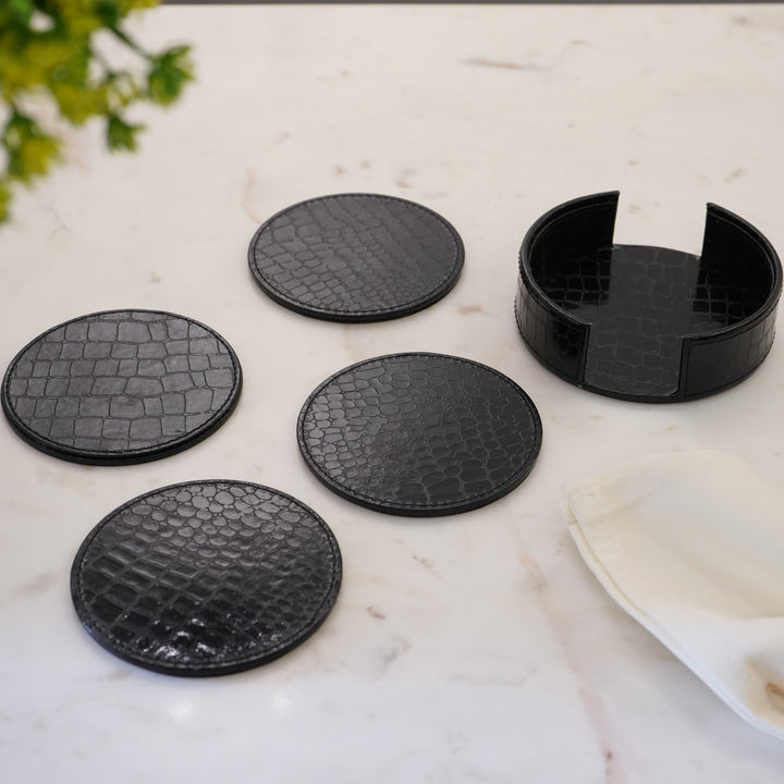 Set of 4 Faux Leather Coasters with Stand, Croco Black