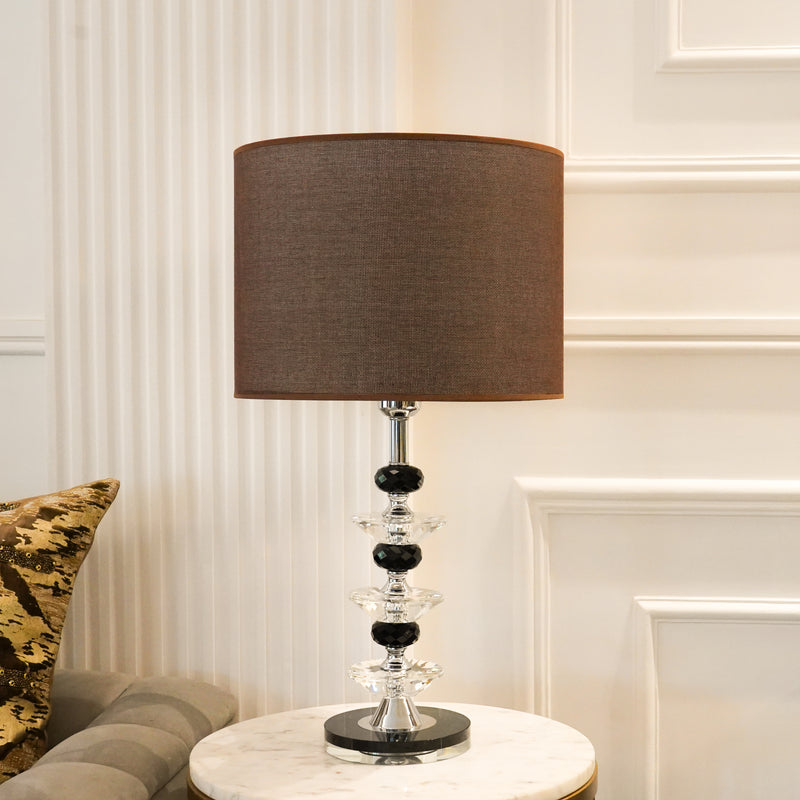 Crystal Discs and Black Orbs Table Lamp with Brown Shade