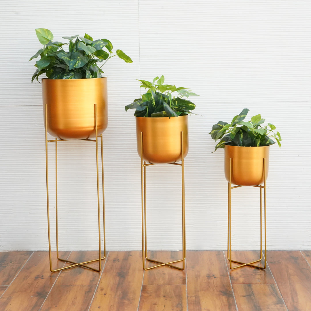 Metal Planters In Gold With Stand, Set Of 3