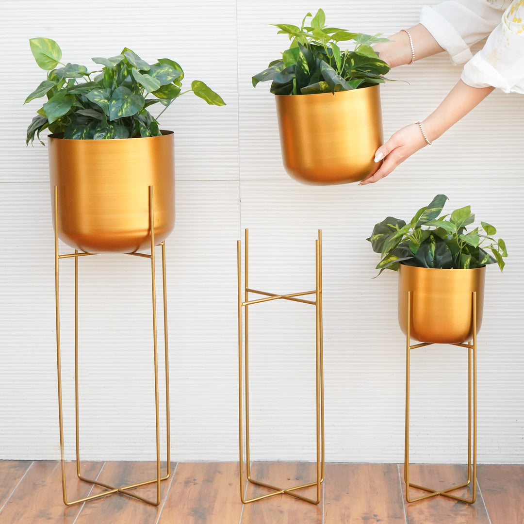 Metal Planters In Gold With Stand, Set Of 3