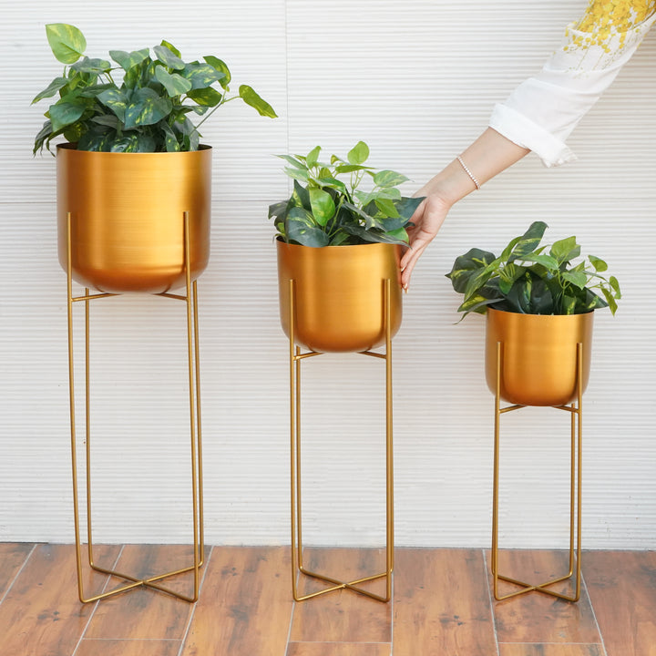 Metal Planters In Gold With Stand, Set Of 3