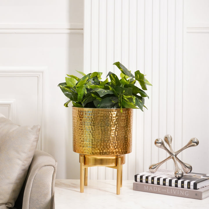 Golden Hammered Planter With Stand