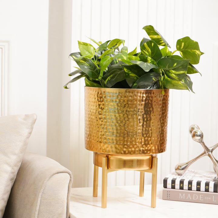 Golden Hammered Planter With Stand