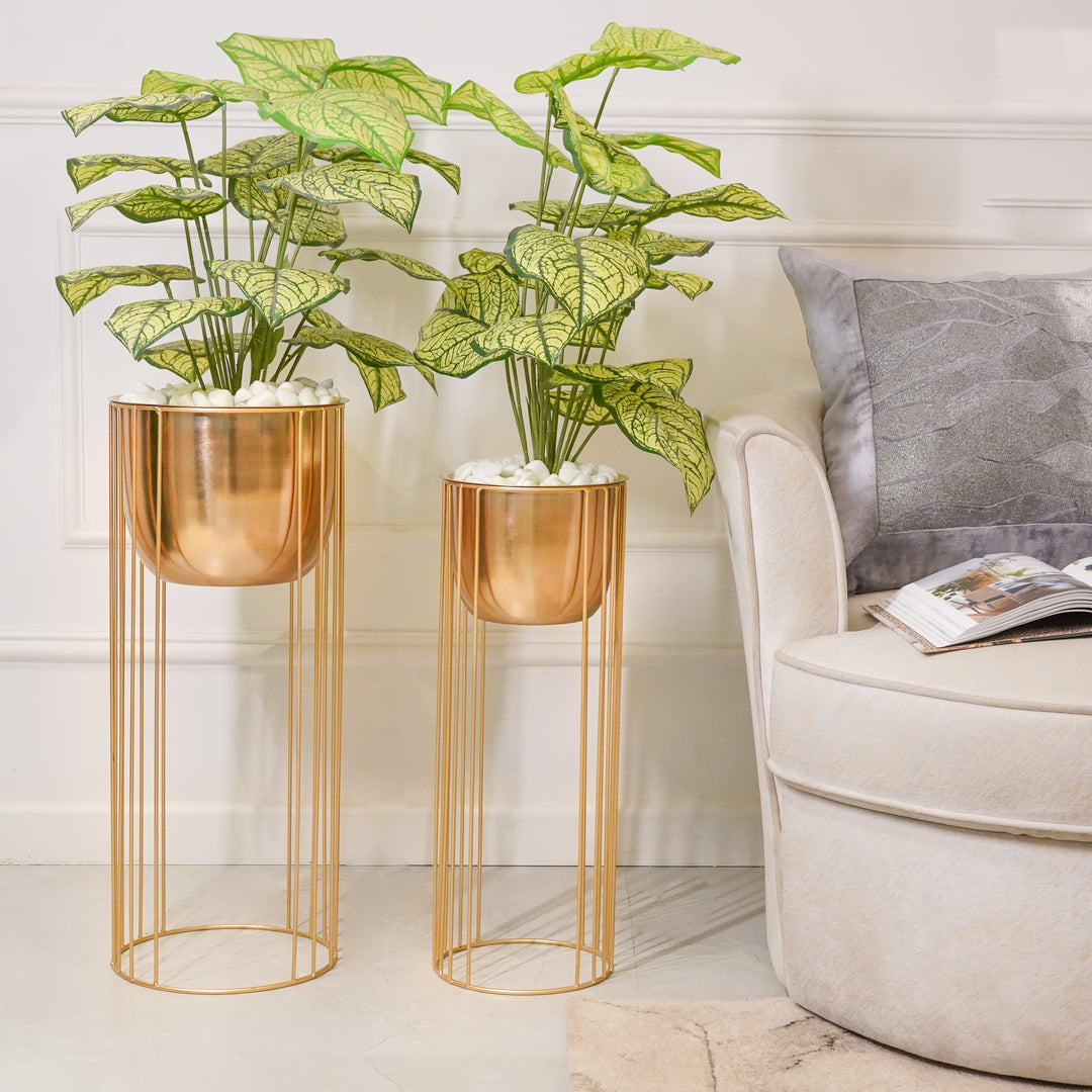 Golden Planter With Stand, Set of 2