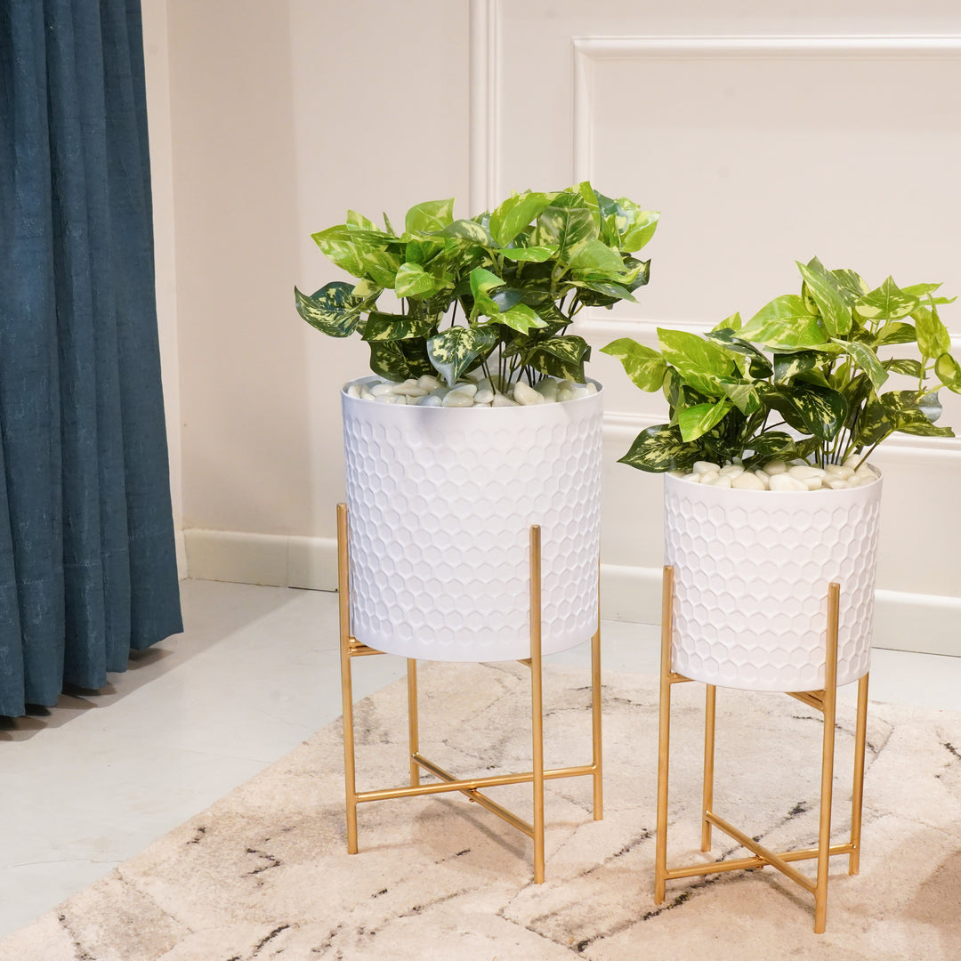 White Textured Planters with Stand, Set of 2