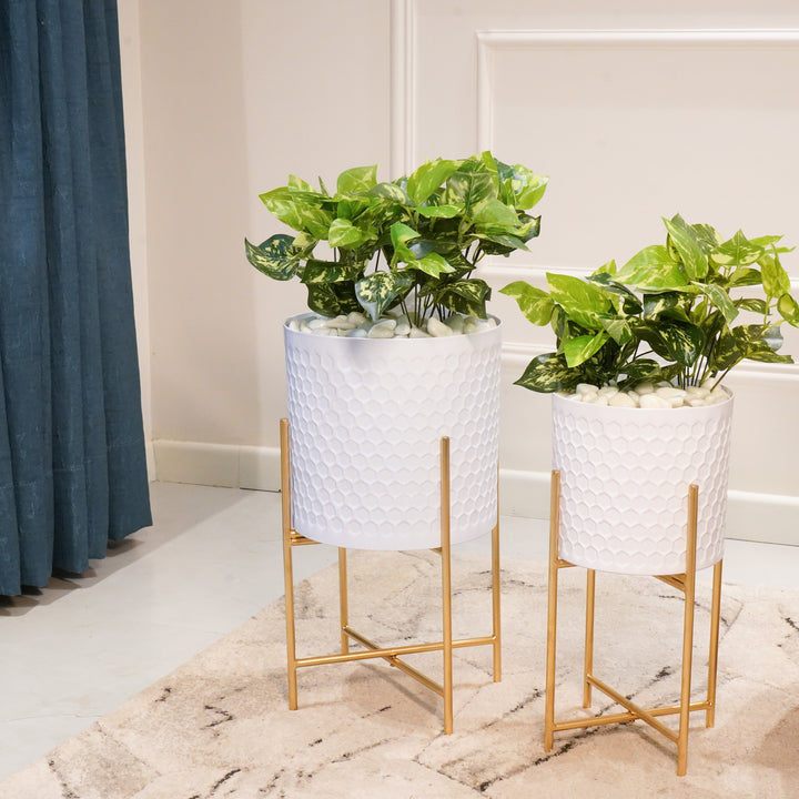 White Textured Planters with Stand, Set of 2