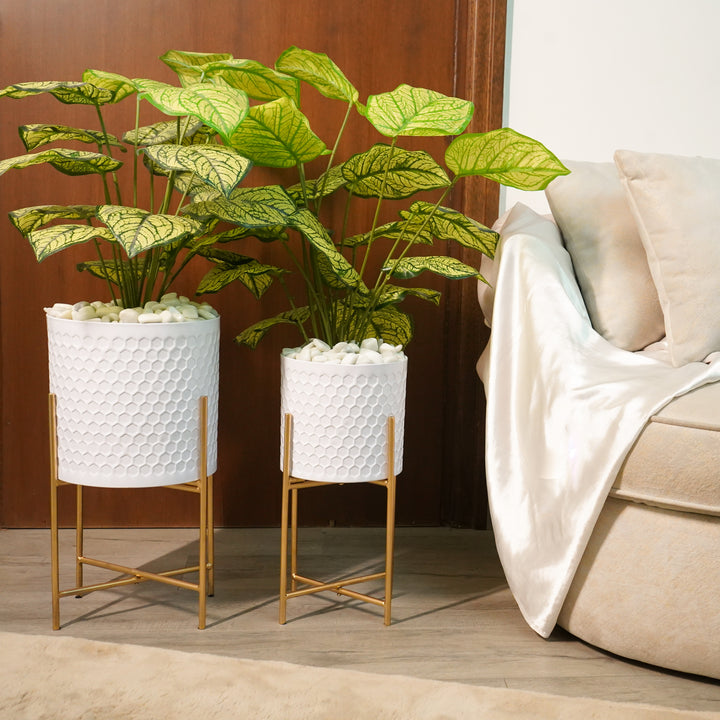 White Textured Planters with Stand, Set of 2