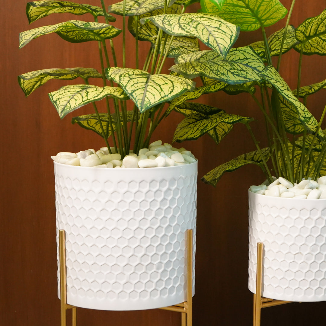 White Textured Planters with Stand, Set of 2