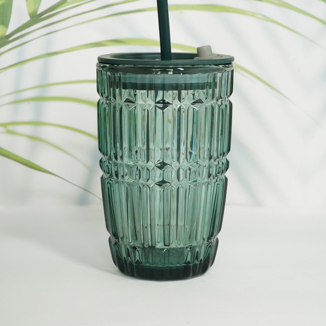 Green Fluted Glass Sipper | Includes Reusable Straw