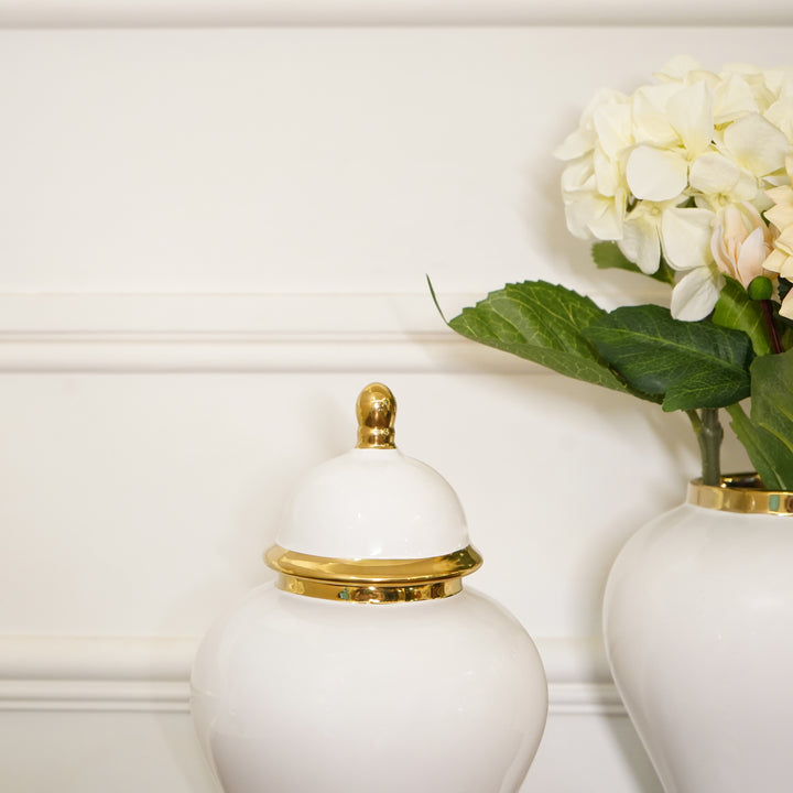 White Urn in Golden Accents with Lid, Small