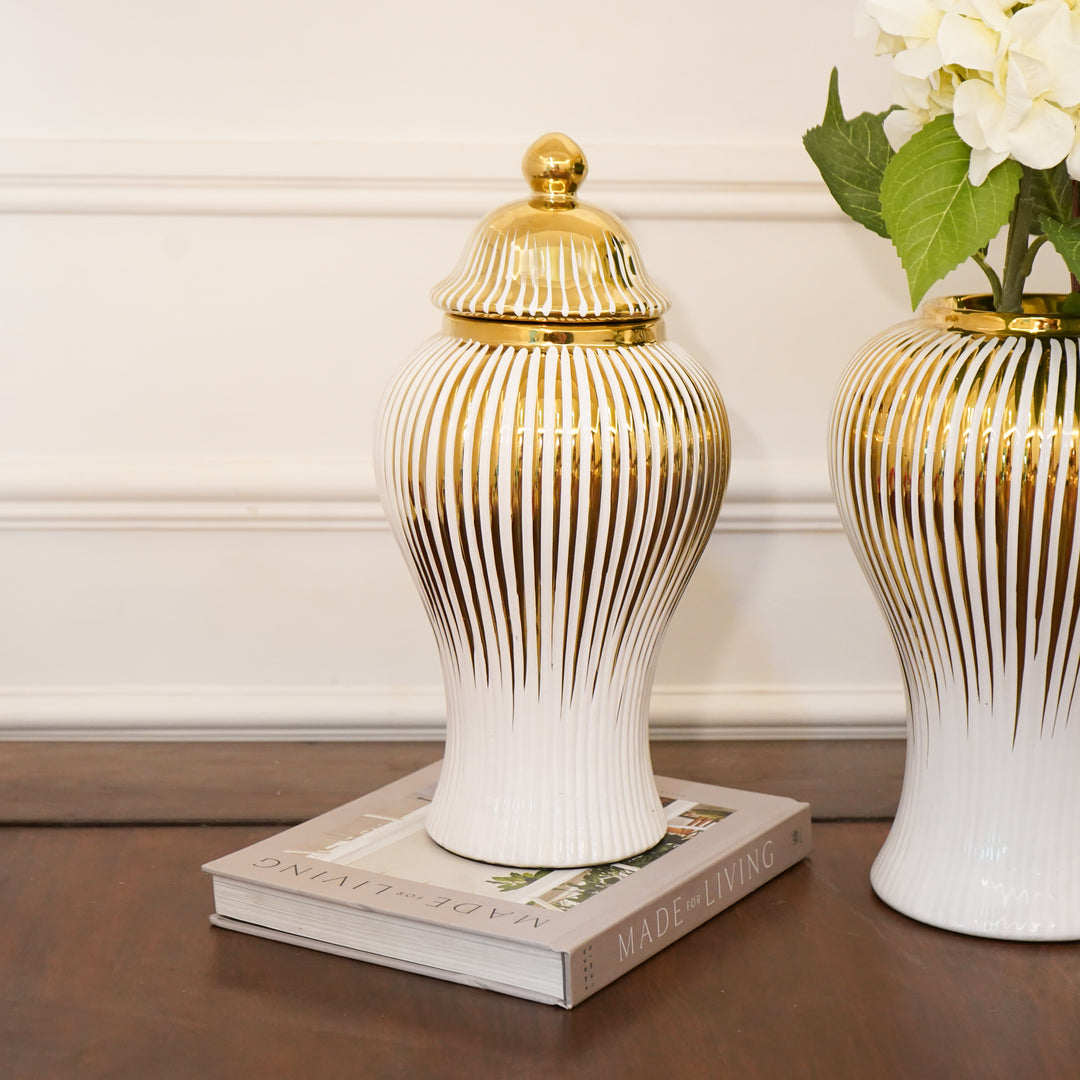 Gold and Ivory Fluted Ceramic Urn with Lid, Small