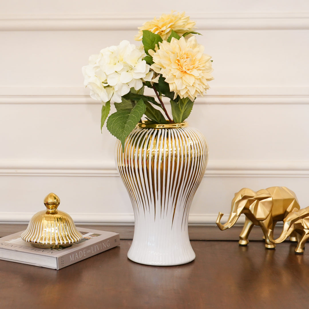 Gold and Ivory Fluted Ceramic Urn with Lid, Big