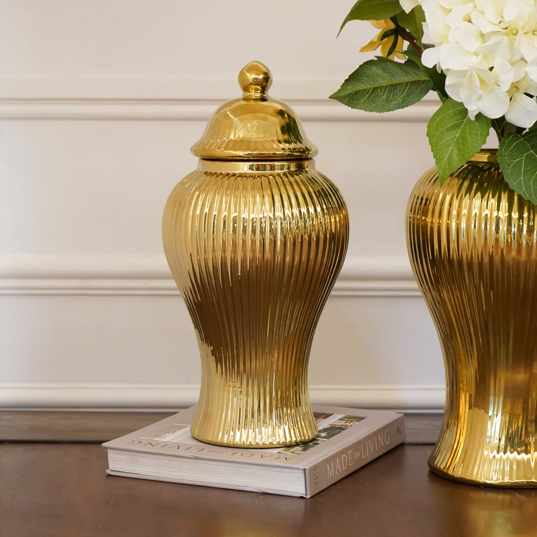 Gold Fluted Ceramic Urn / Vase with Lid, Small