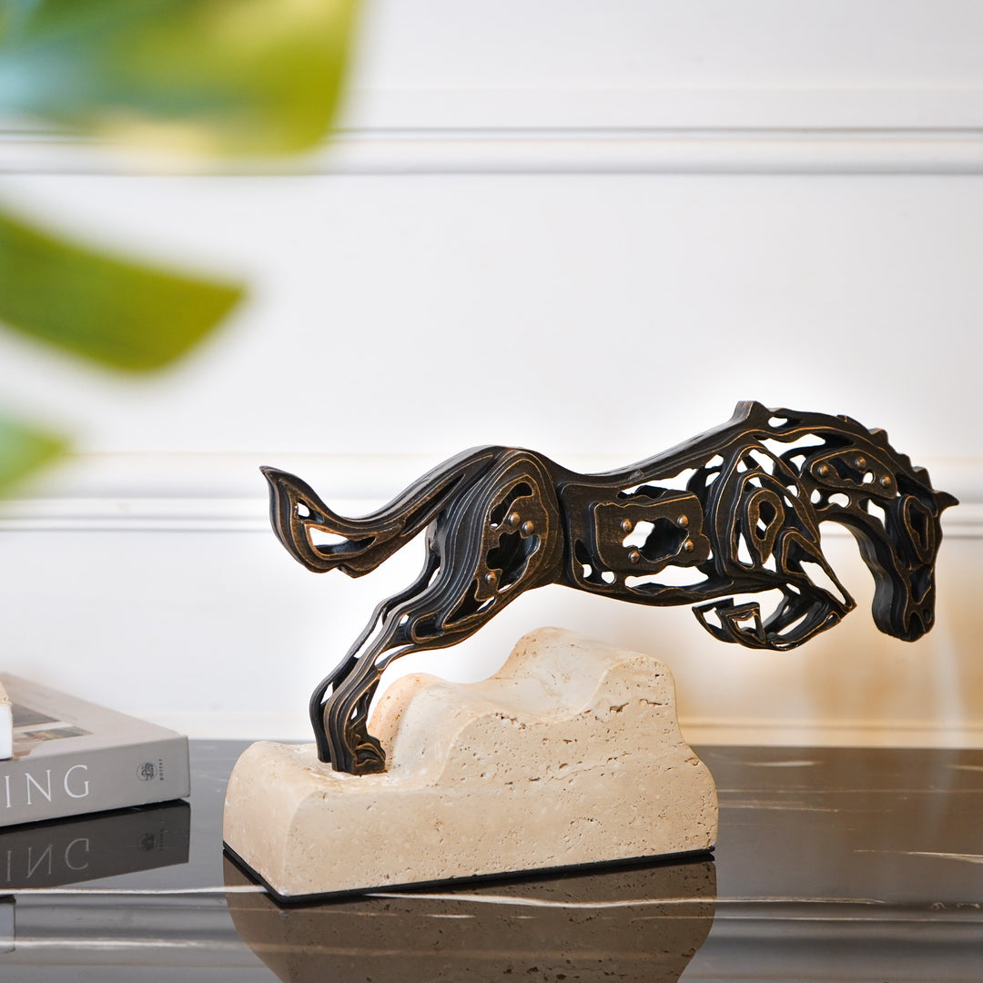 Intricate Metal Running Horse Cut-Out on Marble Base