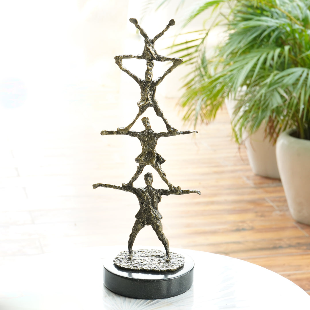 Brass Four People Towering Unity Figurine on Marble Base