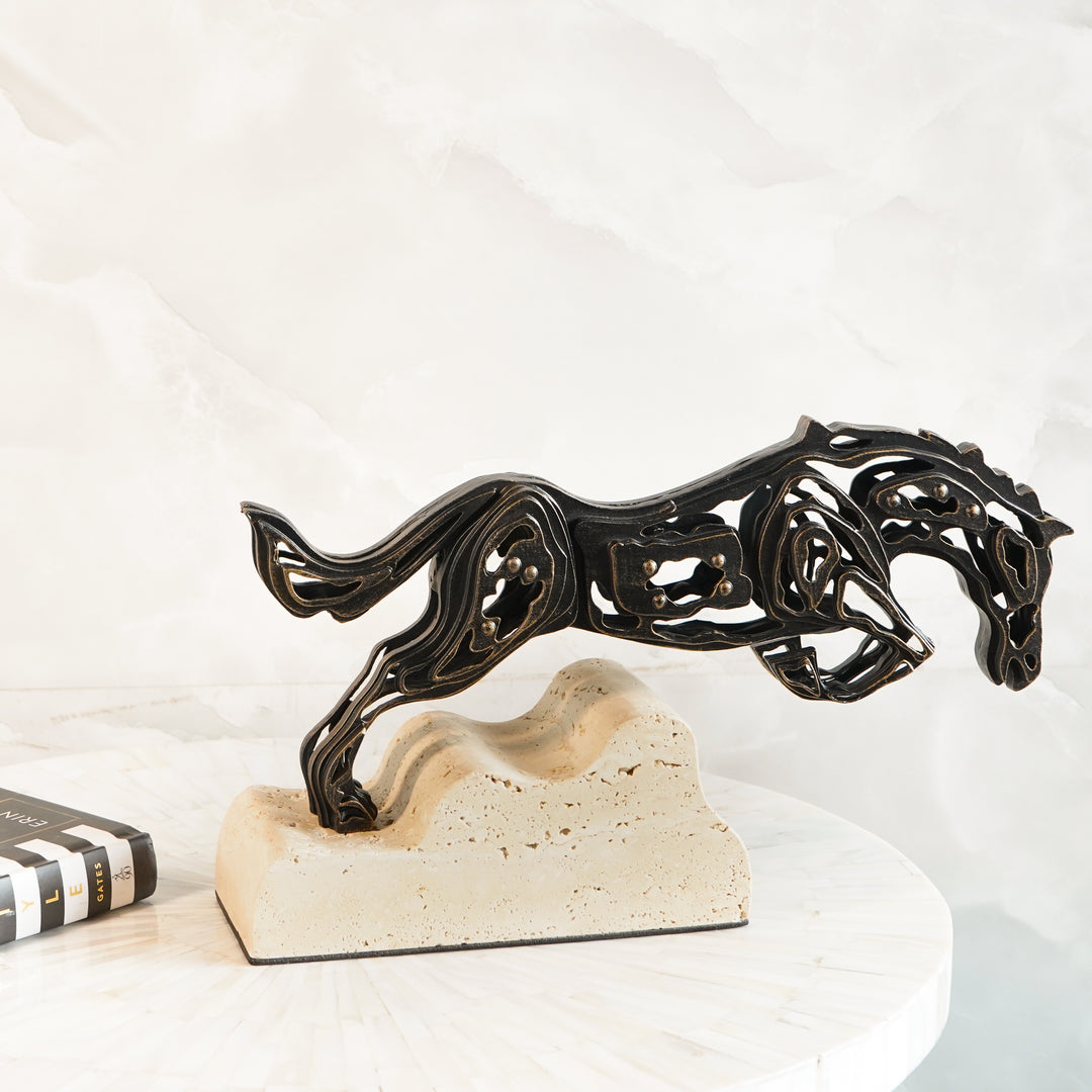 Intricate Metal Running Horse Cut-Out on Marble Base