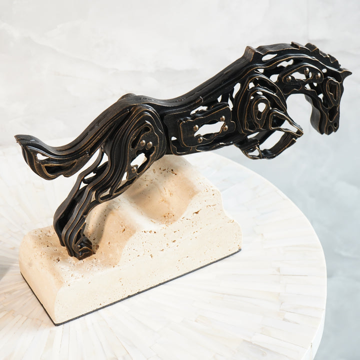 Intricate Metal Running Horse Cut-Out on Marble Base