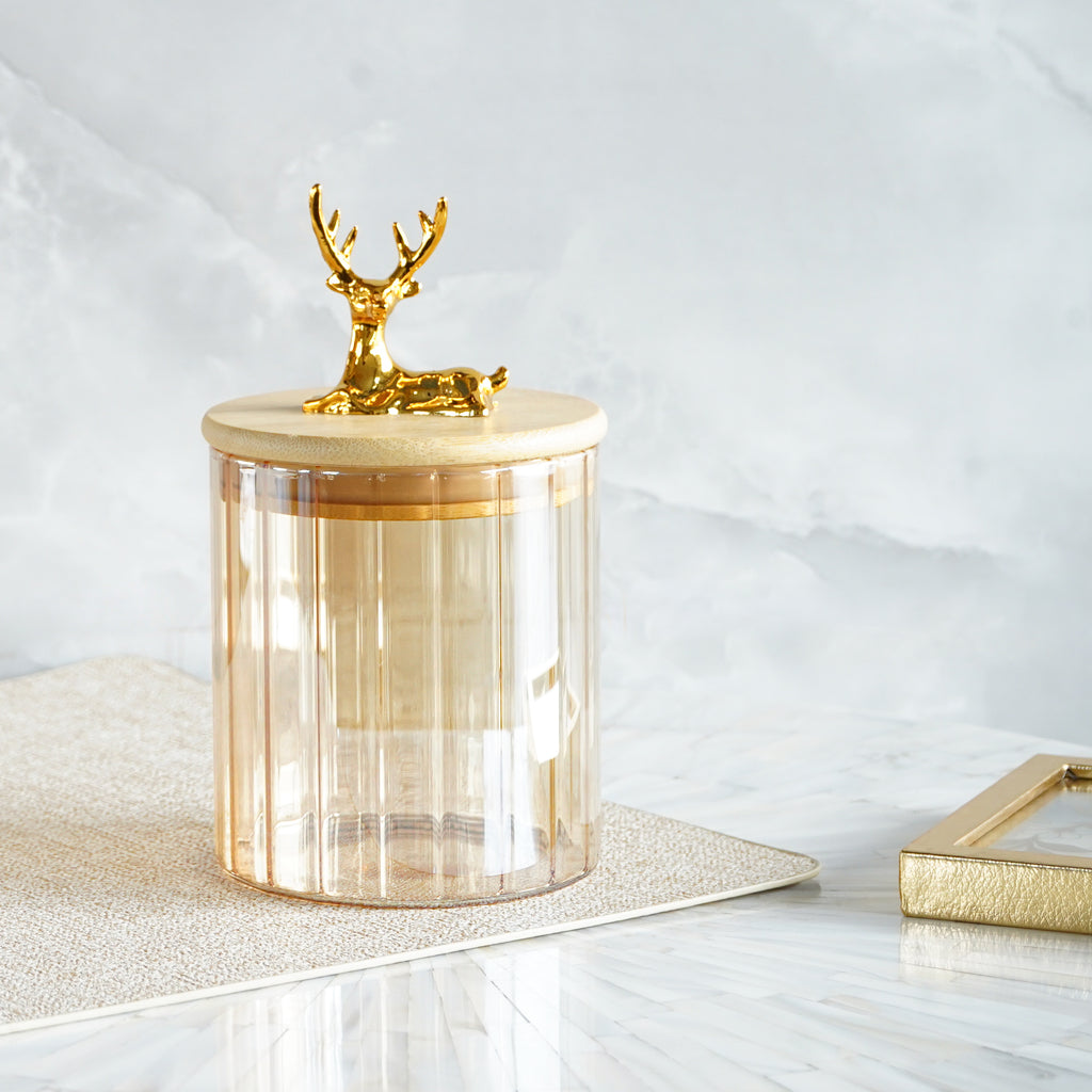 Fluted Small Glass Jar with Reindeer Airtight Lid, Tinted Gold