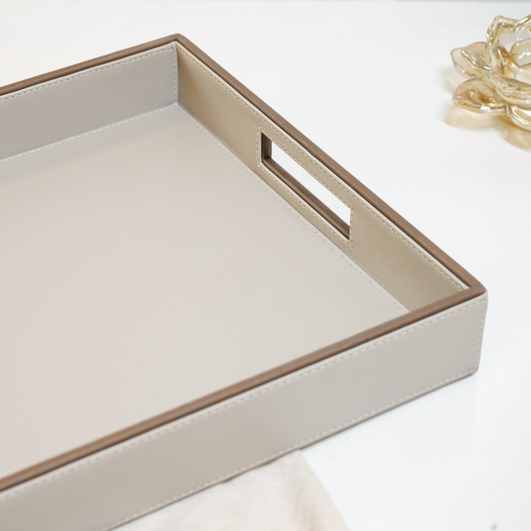 Beige Faux Leather Serving Tray, Large