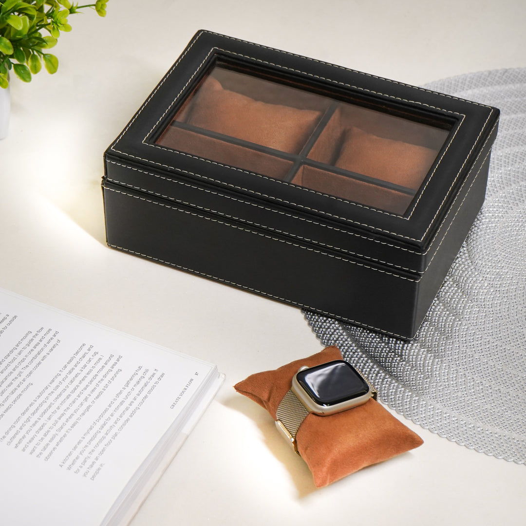 Black & Tan Contrast 4 Compartment Watch Box With Glass Top