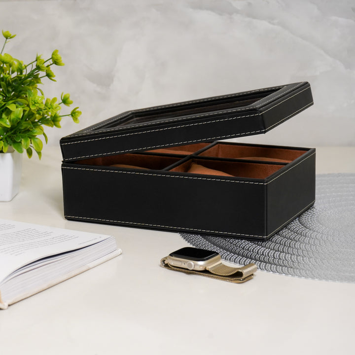 Black & Tan Contrast 4 Compartment Watch Box With Glass Top