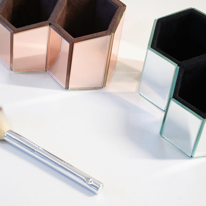 Hexagon 3 Part Multi-Purpose Organiser in Mirror Glass Finish, Rose Gold