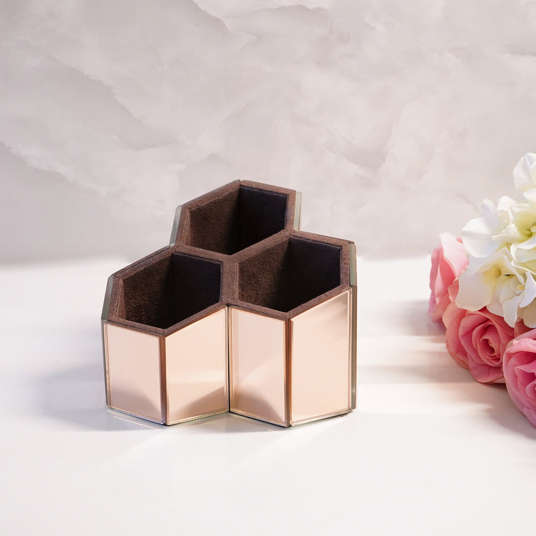 Hexagon 3 Part Multi-Purpose Organiser in Mirror Glass Finish, Rose Gold