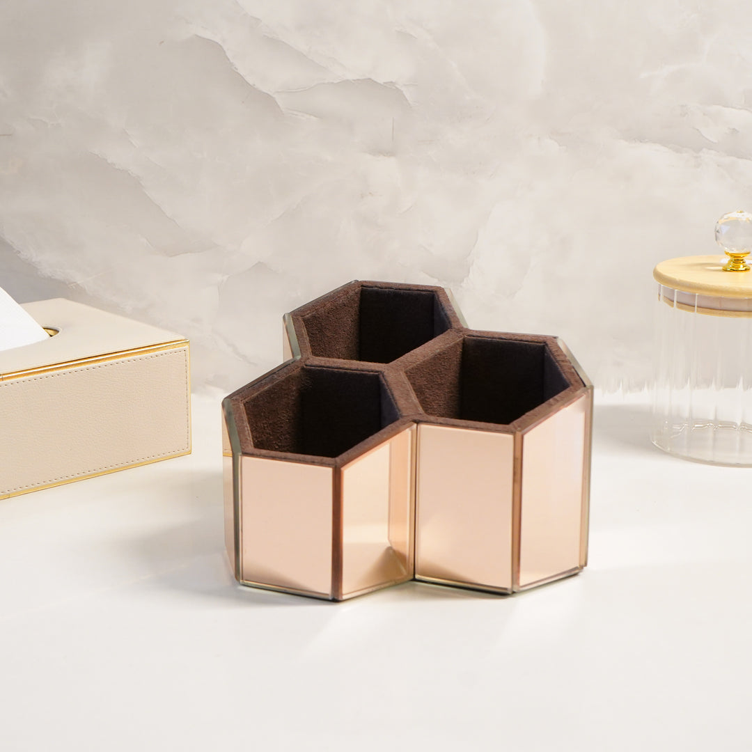 Hexagon 3 Part Multi-Purpose Organiser in Mirror Glass Finish, Rose Gold