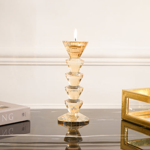 Dual Side Crystal Tapered Candle Holder, Tinted Gold