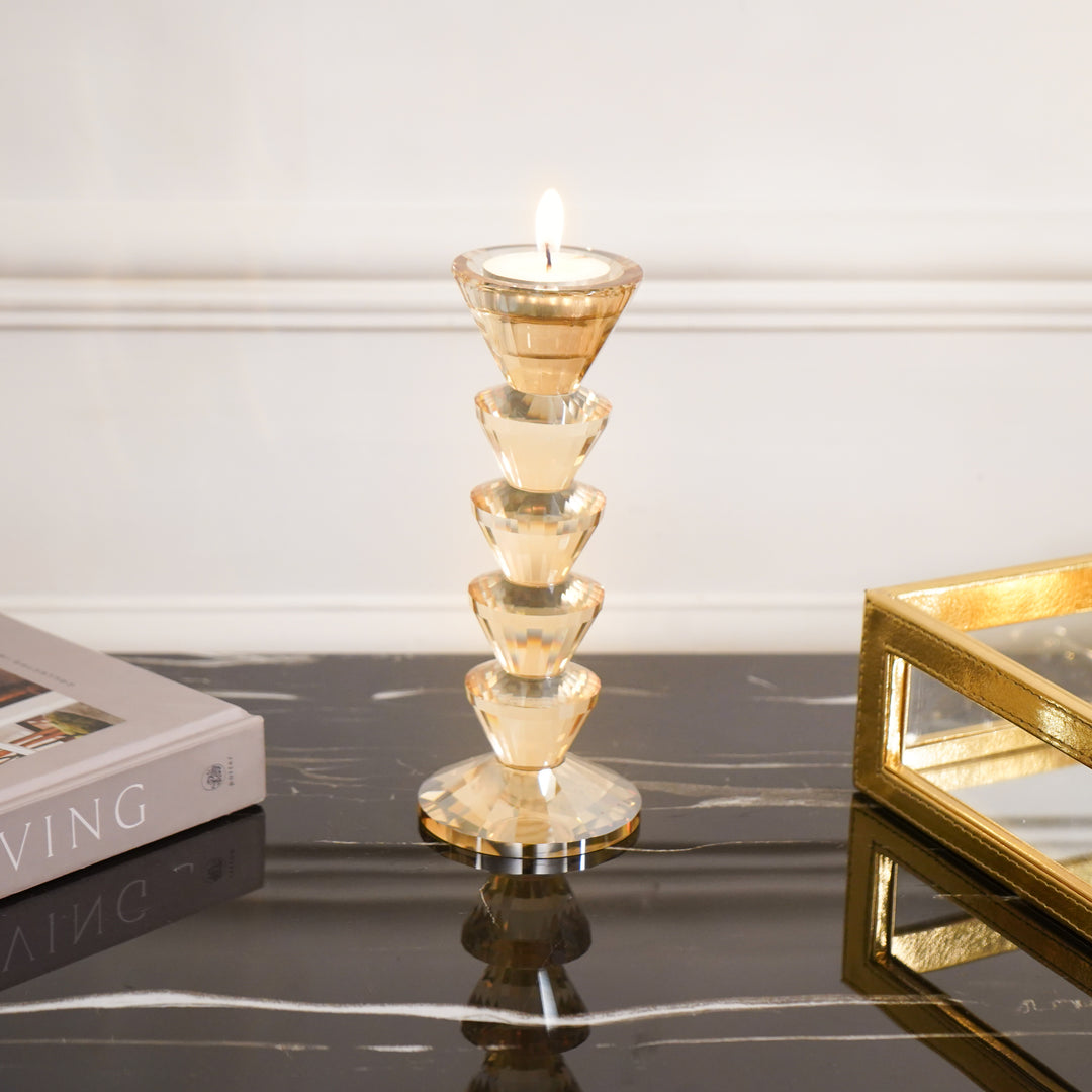 Dual Side Crystal Tapered Candle Holder, Tinted Gold